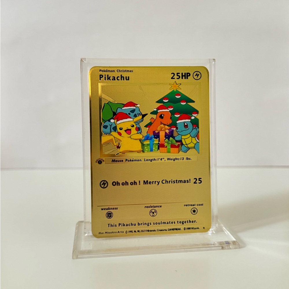 Pokemon Christmas Pikachu METAL GOLD CARD - Gift / Present / Fan Art - New Year